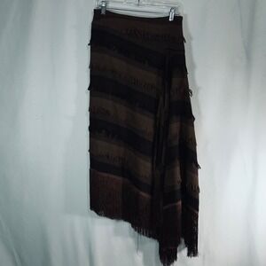 Eva Franco Brown Black Striped Fringe Asymmetrical Midi Skirt Boho Western 6